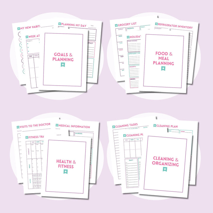 Editable Home Binder Canva templates, including Goals & Planning, Food & Meal Planning, Health & Fitness, and Cleaning & Organizing