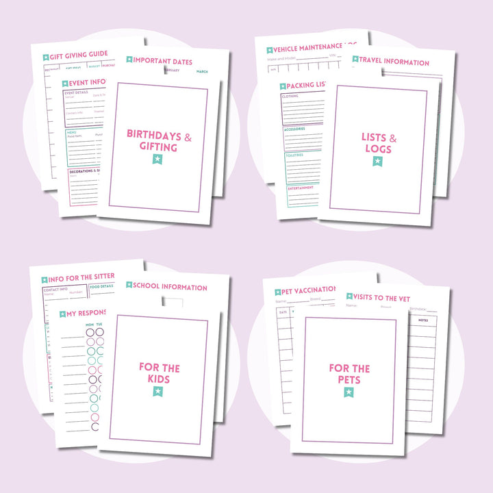 Editable Home Binder Canva Templates, including Birthdays & Gift Giving, Lists & Logs, For the Kids, and For the Pets