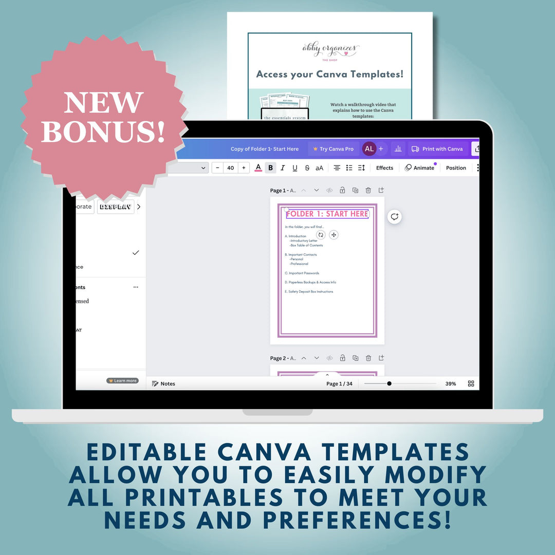 Editable Canva Templates Bonus for The Essentials System Class, Organize Your Important Life and Legacy Information