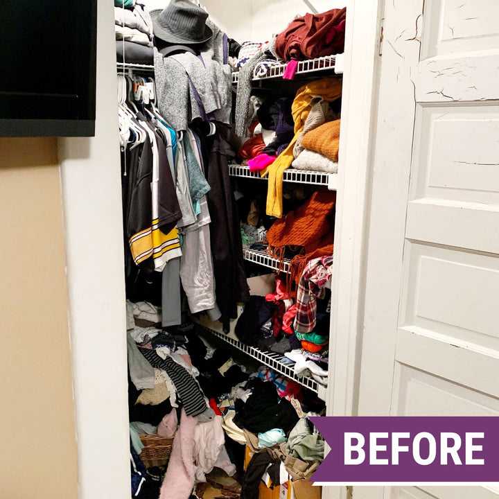Messy Closet Before Photo with Clothes Piled on the Floor and on Shelves, Messy Hangers