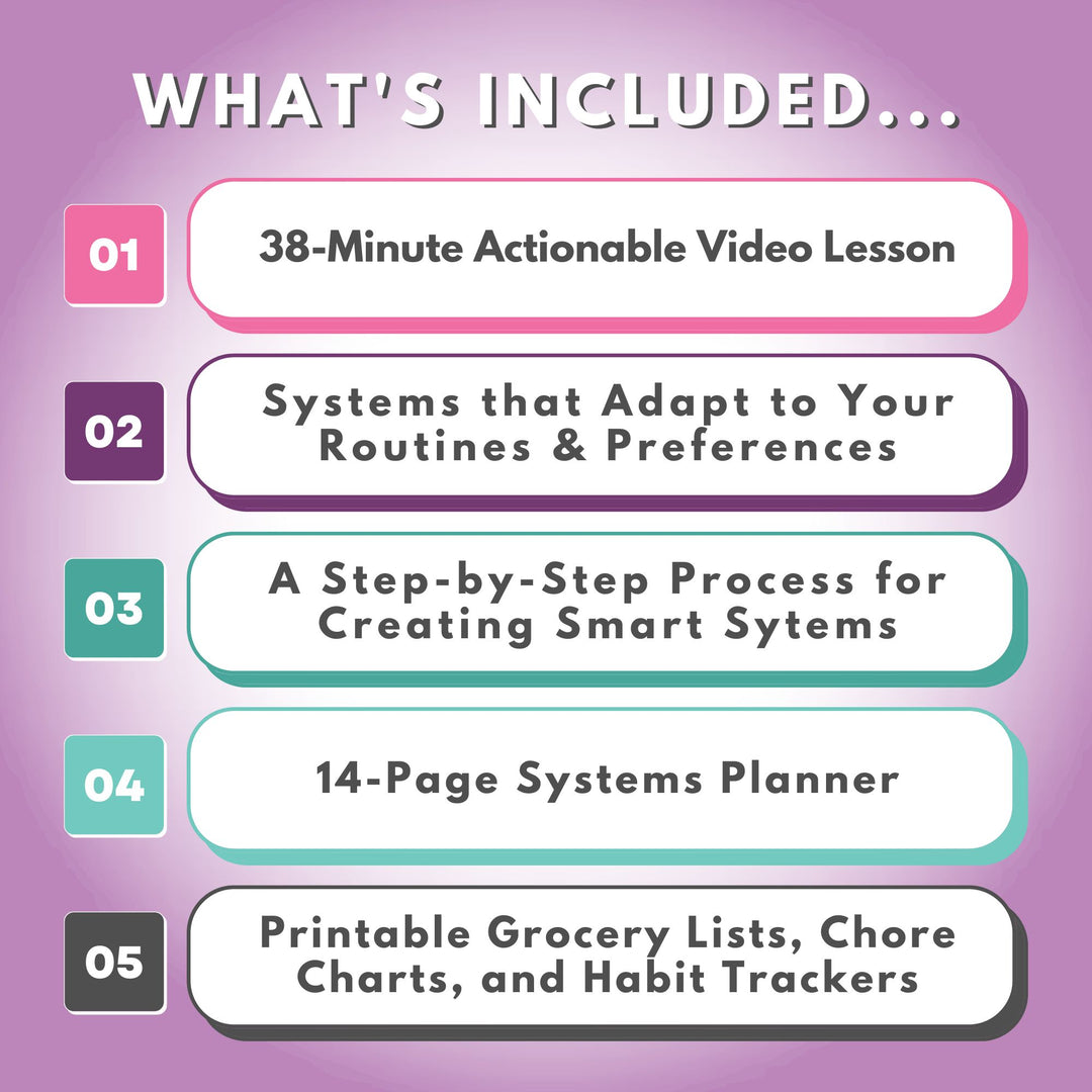 List of what's included in the Creating Seamless Home Systems Organizing Workshop, a Short Video Lesson and Printable Systems Planner