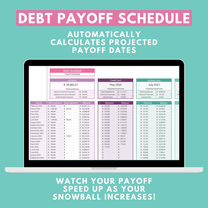 Debt Payoff Schedule, part of the Debt Snowball Spreadsheet for Google Sheets. Automatically calculates projected debt payoff dates. You can watch your payoff speed up as your snowball increases!