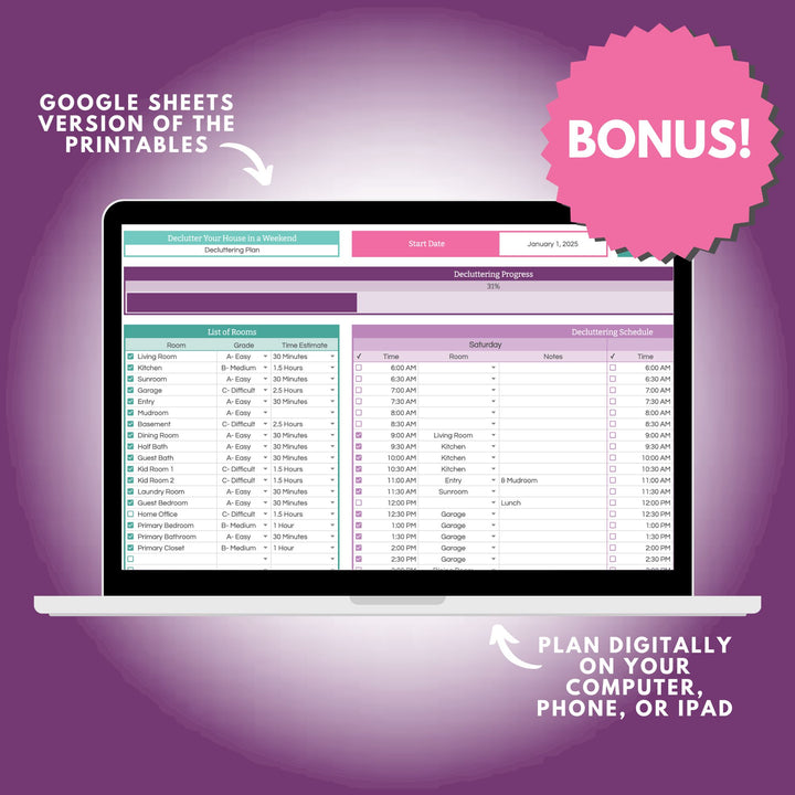 A laptop shows the "Declutter Your House in a Weekend Planning Spreadsheet" by Abby Organizes on a purple background. The screen features a room list and schedule in spreadsheet format, marking the decluttering start.