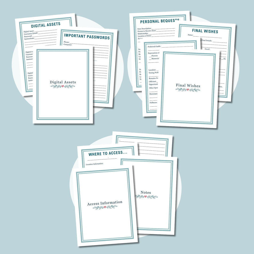 Presentation of an assortment of structured paper documents featuring headings such as "Digital Assets," "Final Wishes," "Important Passwords," "Personal Bequest," and "Notes." Each document is a part of Abby Organizes' Editable Emergency Binder Canva Templates, complete with decorative borders and elegantly set against a light blue backdrop.
