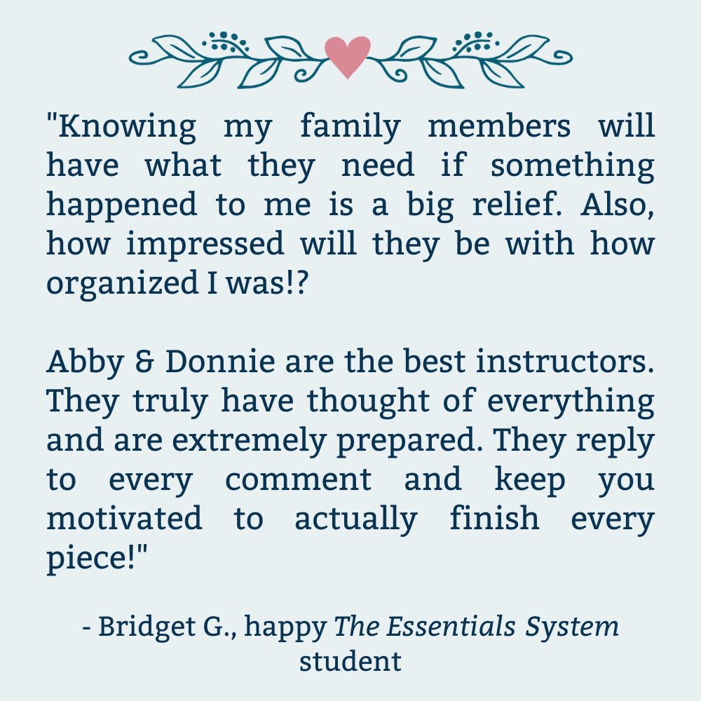 5-star review for The Essentials System class stating, "Knowing that my family will have what they need if something happened to me is a big relief."