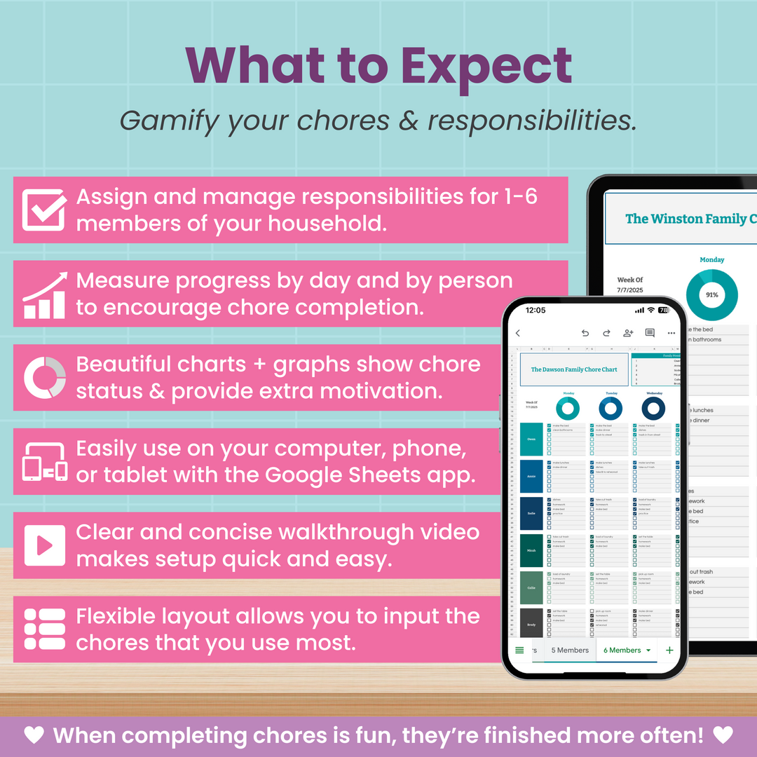 A promotional graphic for a chores spreadsheet shows features like assigning tasks, tracking progress, colorful charts, Google Sheets access, easy walkthroughs, and a flexible layout. A smartphone displaying the spreadsheet is shown on the right.