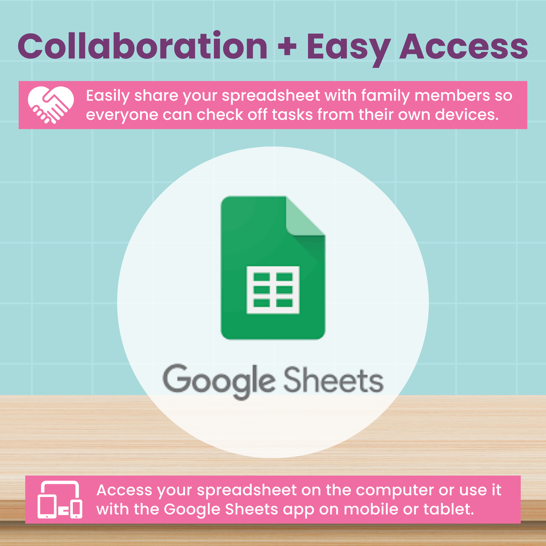 Google Sheets logo on a background with text highlights: "Collaboration + Easy Access," "Easily share your spreadsheet so you can collaborate seamlessly in real time," and "Access your spreadsheet on computer or mobile."