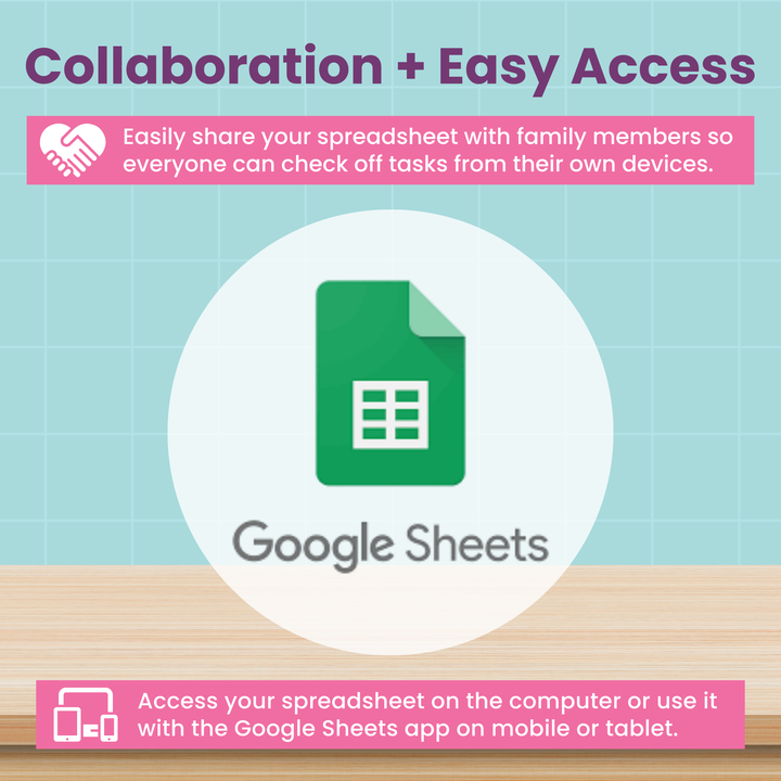 Google Sheets logo on a background with text highlights: "Collaboration + Easy Access," "Easily share your spreadsheet so you can collaborate seamlessly in real time," and "Access your spreadsheet on computer or mobile."