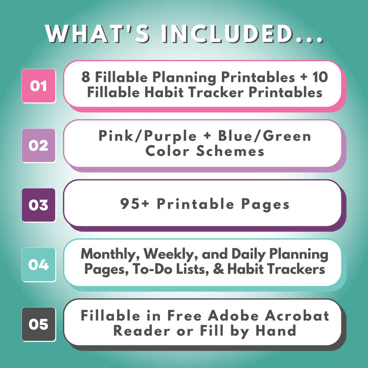 The Fillable Printables Bundle, including Fillable Planning Printables and Fillable Habit Tracker Printables, Can be filled in on a computer using the free Adobe Acrobat Reader program or filled by hand.