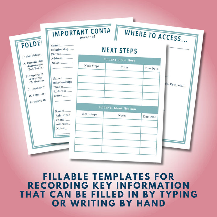 The Essentials System includes fillable templates for recording key information that can be filled in by typing or writing by hand.