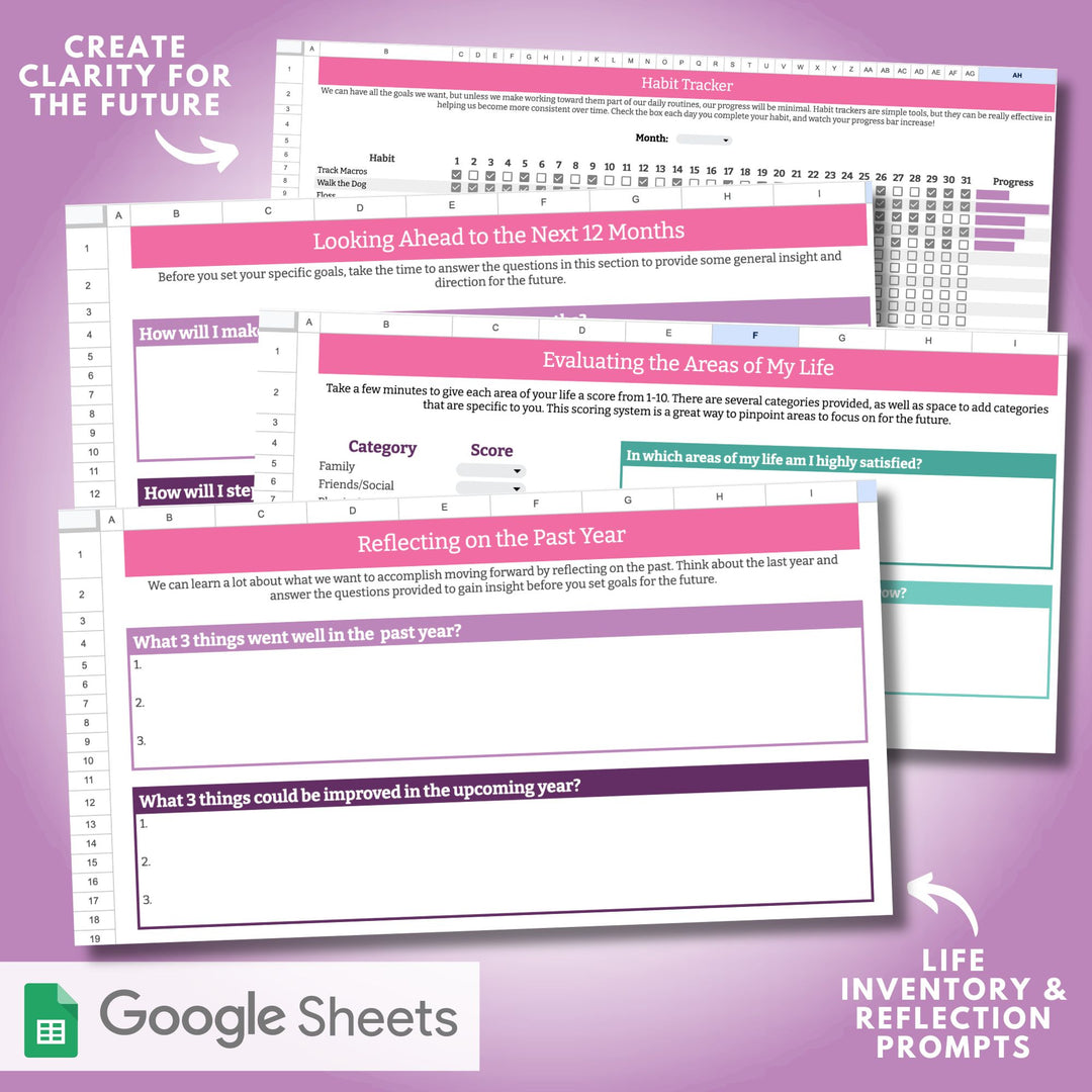 The Goal Setting Handbook Spreadsheet, creating clarity for the future, includes life inventory and reflection prompts
