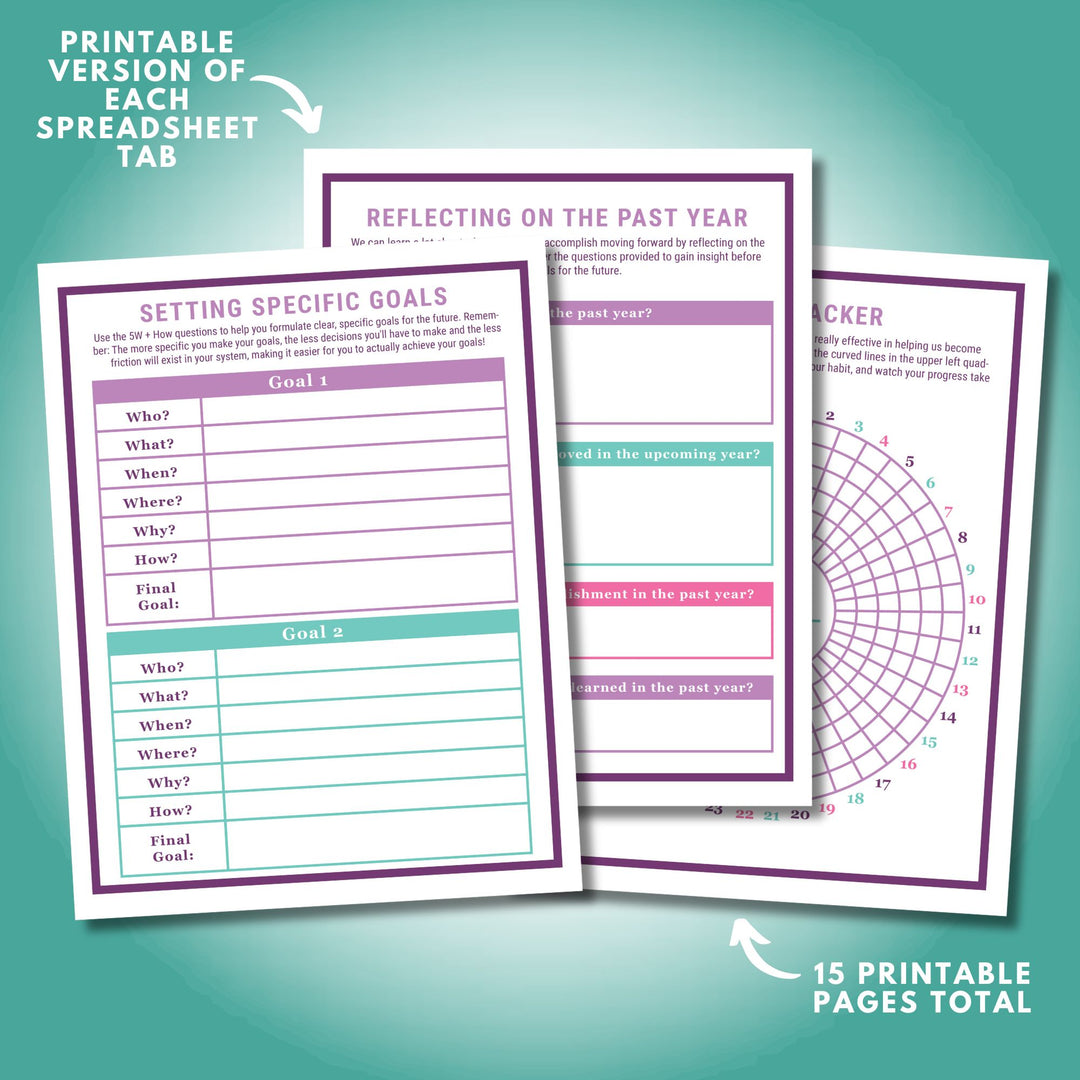 Printable version of each tab in the Goal Setting Handbook Spreadsheet is also included, 15 printable pages total