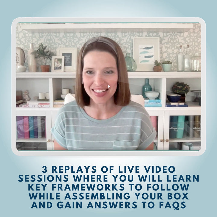 A woman wearing a headband is smiling during a video call, seated in a cozy room with shelves full of books, plants, and decor. Below her, the text reads: "3 replays of live sessions from The Essentials System Course by Abby Organizes, helping you gain peace of mind by mastering key frameworks for your organizing project and answering FAQs.
