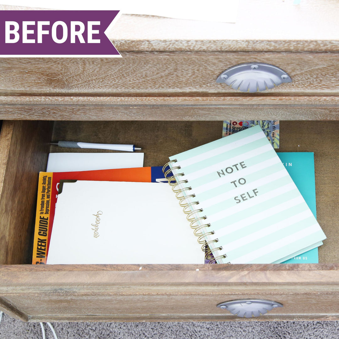 Messy nightstand drawer before photo