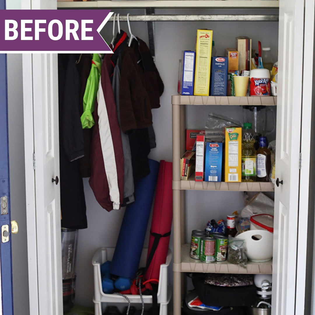 Before implementing the "Organized Home Method Course" by Abby Organizes, the closet is cluttered with jackets on the left and shelves on the right overflowing with boxed foods, paper towels, and household items. With a "BEFORE" label in the top corner, it's primed for transformation into a smart system of efficiency.