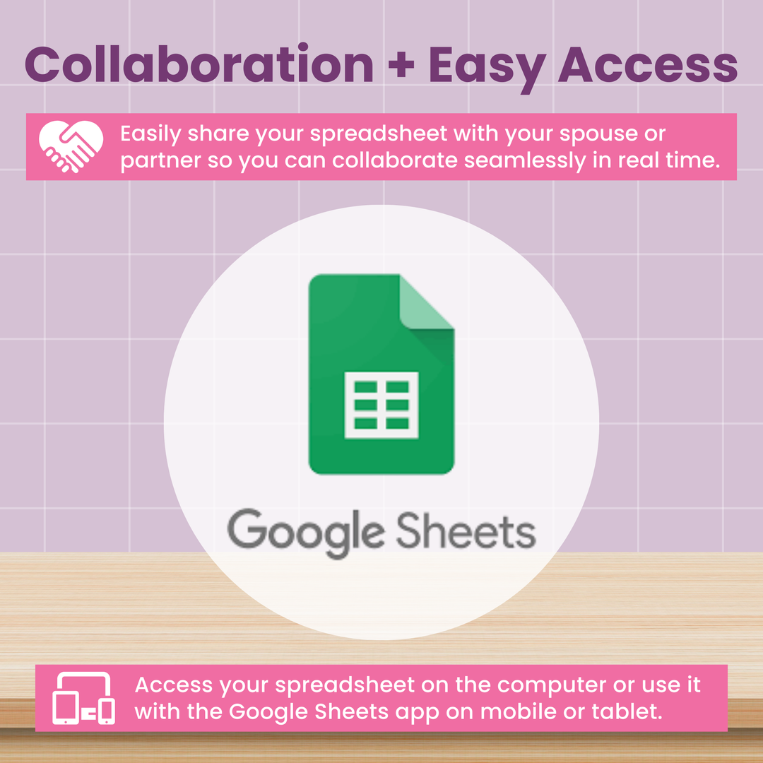 Graphic promoting Google Sheets collaboration, with the Google Sheets logo centered. Text highlights easy sharing with a spouse or partner and access via computer or mobile app, all on a purple and beige background.