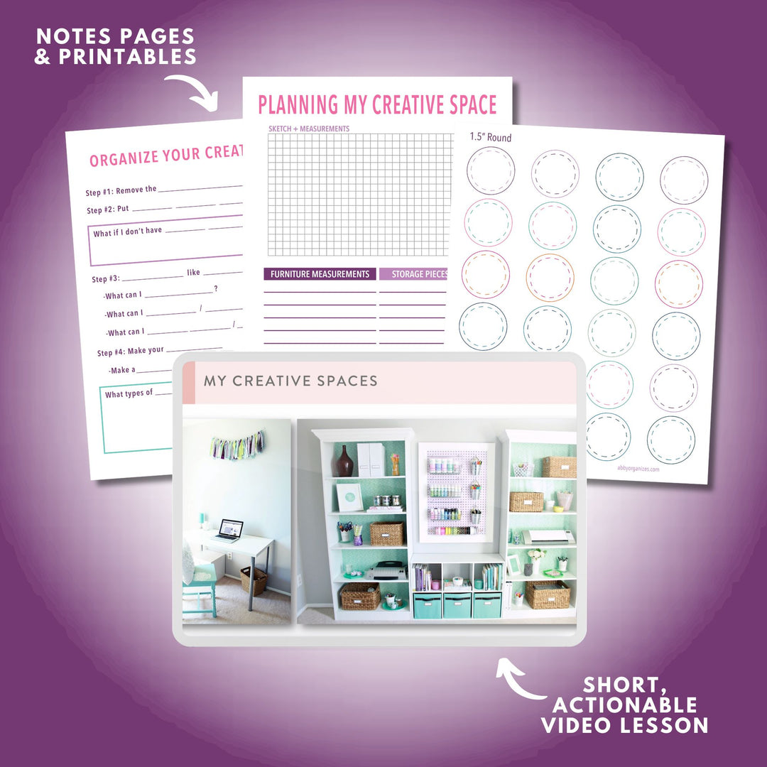 Organizing Creative Spaces Workshop Video on an iPad with Companion Note Taking Pages, Planning Printables, and Printable Labels
