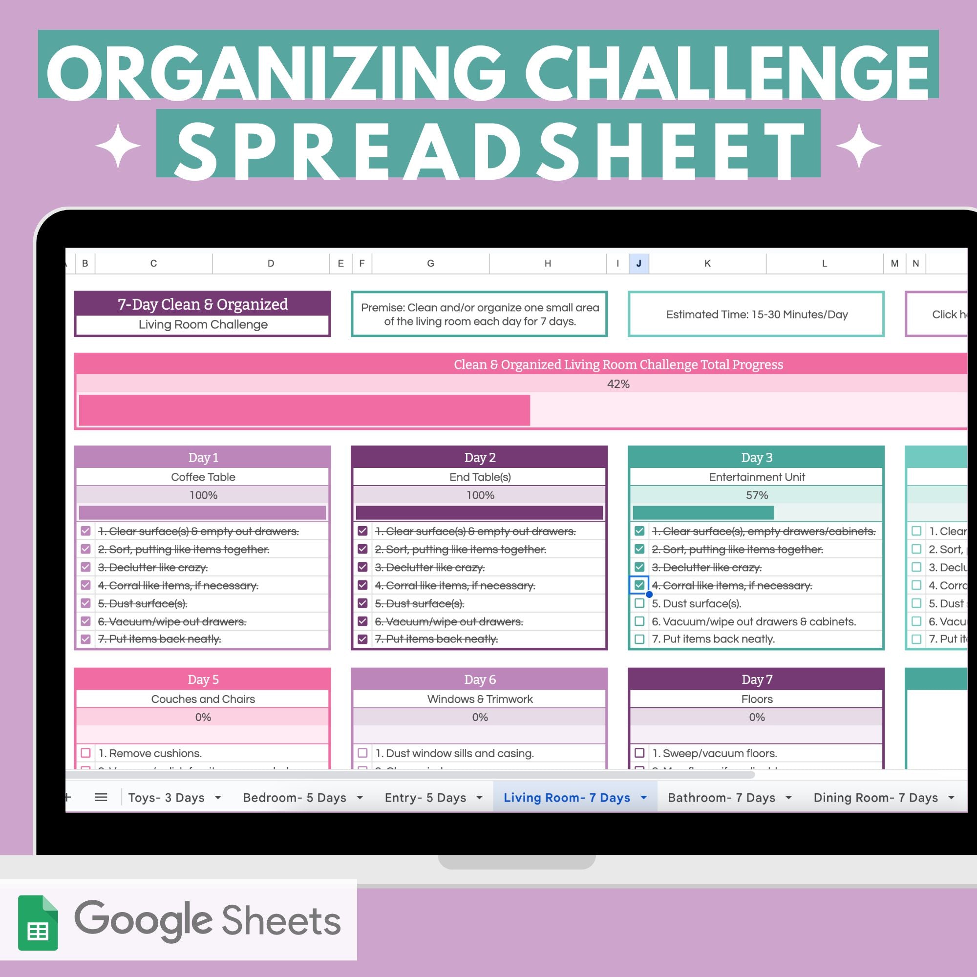 Organizing Challenge Spreadsheet For Google Sheets Abby Organizes