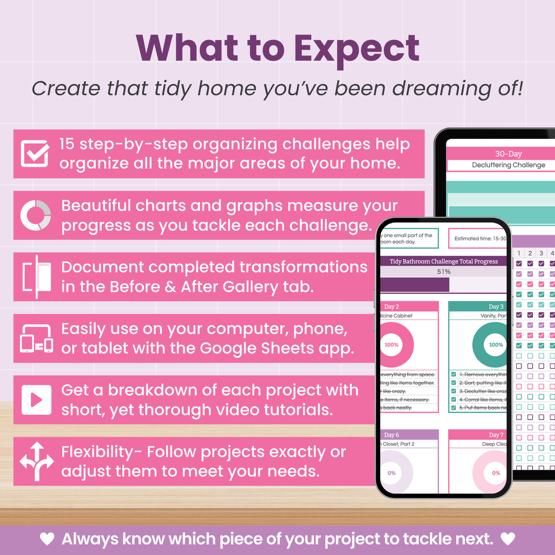 An infographic titled "What to Expect" explains features of an organizing program, including step-by-step challenges, progress charts, a gallery, a Google Sheets app, video tutorials, and project flexibility. Phone and tablet screens are shown.