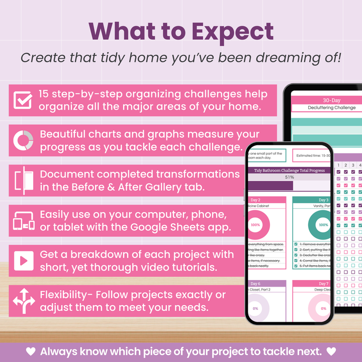 An infographic titled "What to Expect" explains features of an organizing program, including step-by-step challenges, progress charts, a gallery, a Google Sheets app, video tutorials, and project flexibility. Phone and tablet screens are shown.