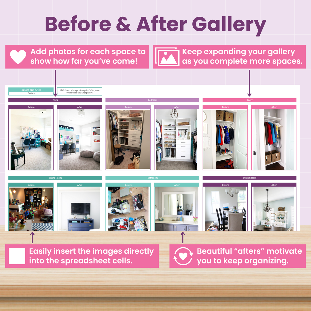 A graphic titled "Before & After Gallery" shows before-and-after photos of organized spaces, featuring tips to add photos, expand the gallery, insert images into a spreadsheet, and stay motivated by progress.