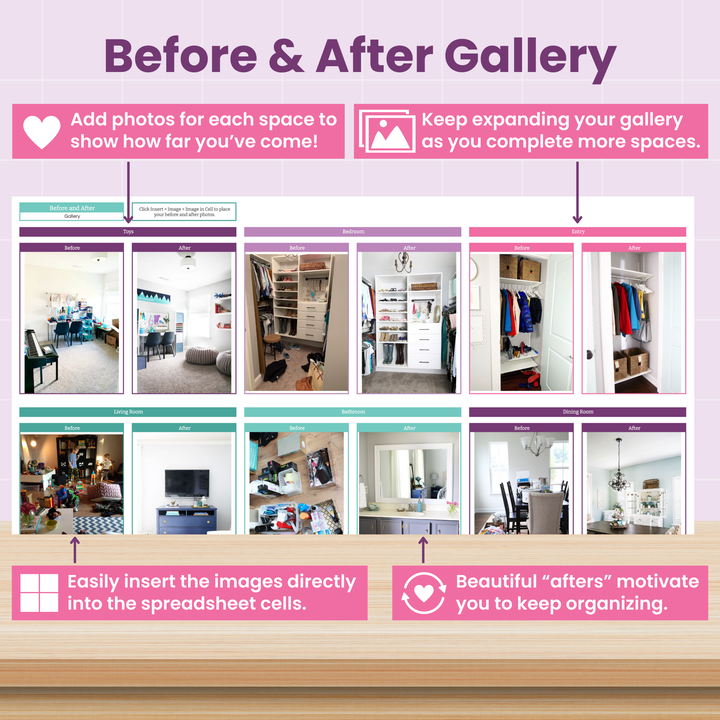A graphic titled "Before & After Gallery" shows before-and-after photos of organized spaces, featuring tips to add photos, expand the gallery, insert images into a spreadsheet, and stay motivated by progress.