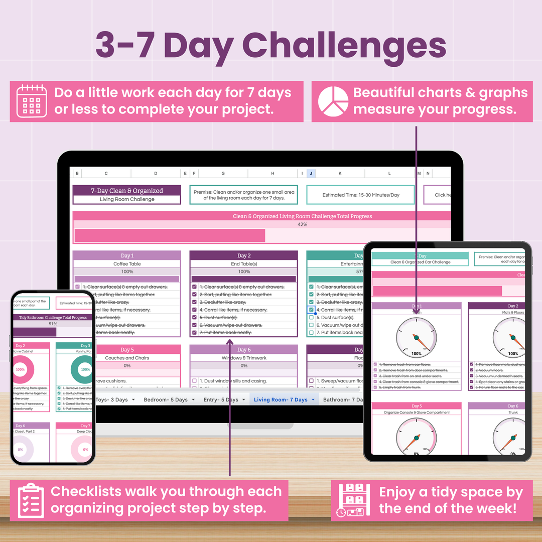 Three devices display colorful charts, checklists, and graphs for a 7-day organization challenge. Text highlights daily tasks, progress tracking, and achieving a tidy space by week’s end. Pink and purple accents throughout.