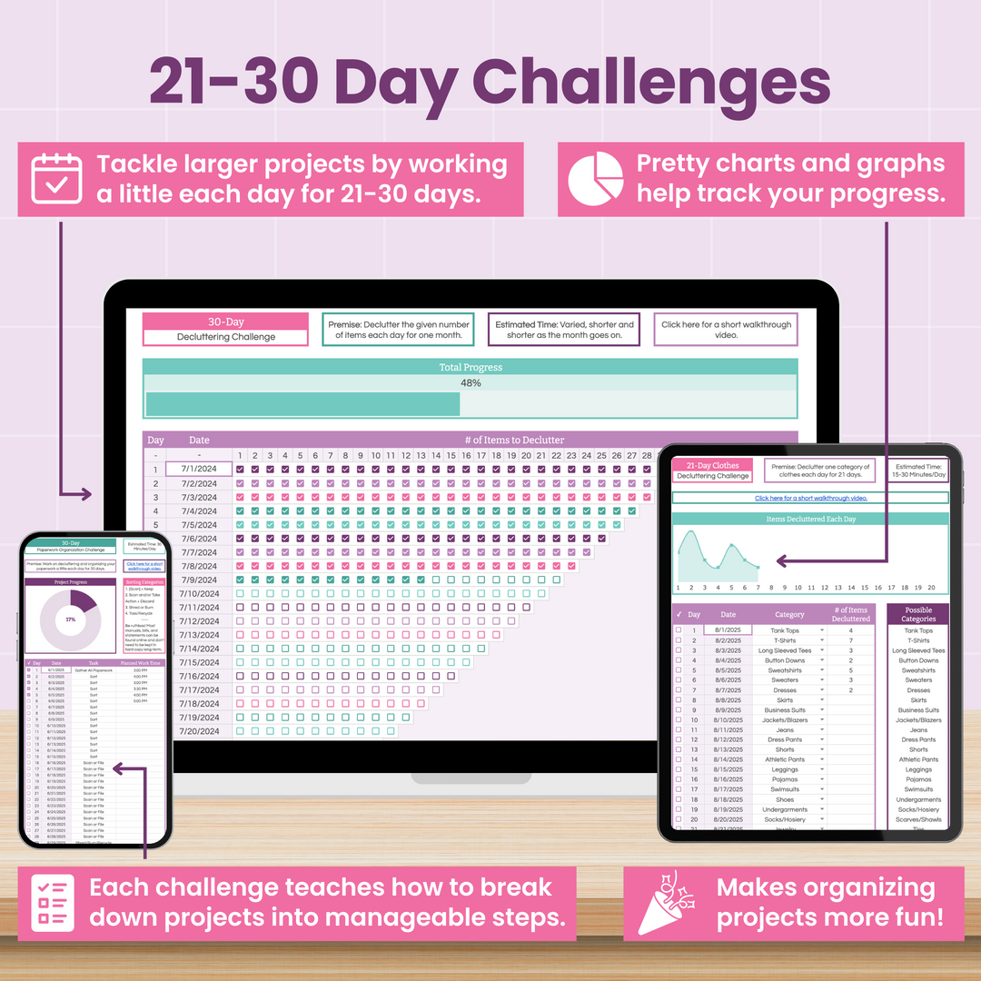 Infographic titled “21–30 Day Challenges” shows screenshots of charts and tracking sheets on a phone, tablet, and computer. Text highlights using daily steps, charts, and lessons to make organizing large projects manageable and fun.