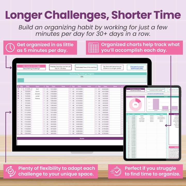 A digital organizing chart is displayed on a laptop and tablet screen. Text highlights benefits: organize in 5 minutes a day, use charts for tracking, adapt challenges, and help for those short on time.