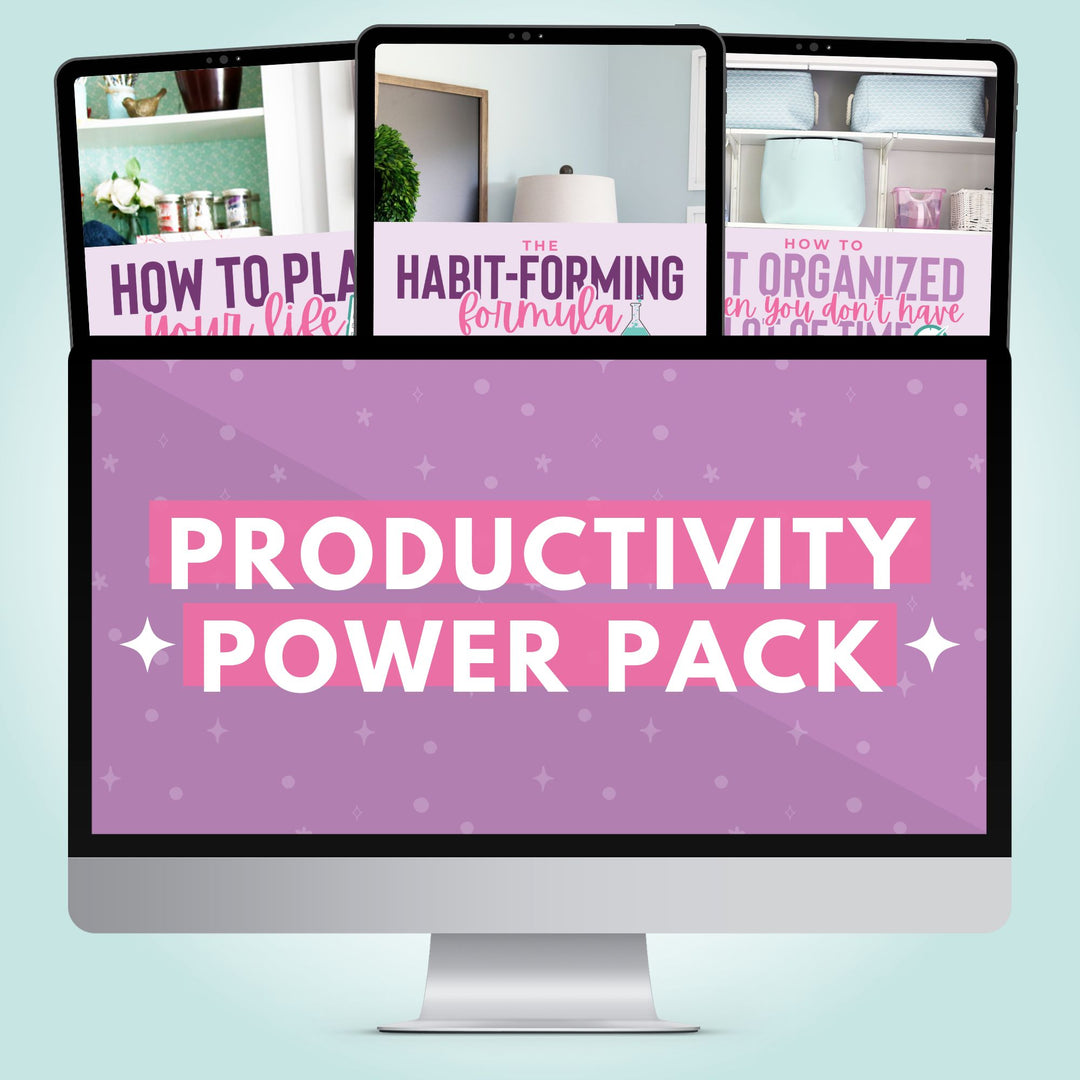 A computer monitor displays "Productivity Power Pack Bundle" in bold pink and white text, with three overlapping screens above featuring Abby Organizes' guides on planning, habit-forming formulas, and mindset shifts for productivity.