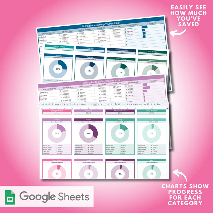 Save more money with this Savings Tracker Spreadsheet / Sinking Funds Spreadsheet for Google Sheets. Track up to 20 sinking funds all in one place and have fun while reaching your savings goals!