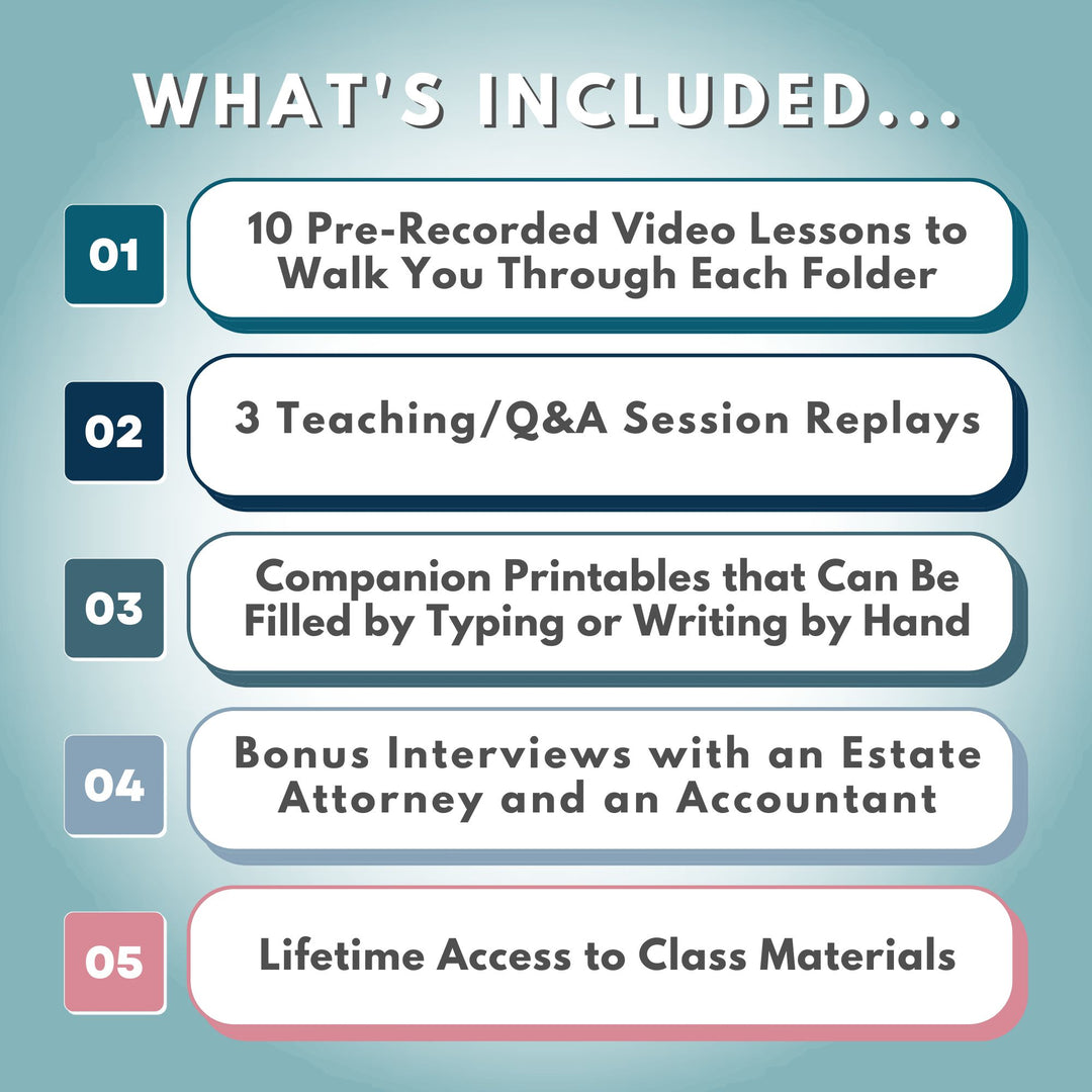 Image showcasing the contents of "The Essentials System Course" by Abby Organizes: includes 10 pre-recorded video lessons, 3 Q&A session replays, companion printables, bonus interviews with an estate attorney and an accountant about organizing essential documents, and lifetime access to materials for peace of mind. Text is set against a gradient blue background.
