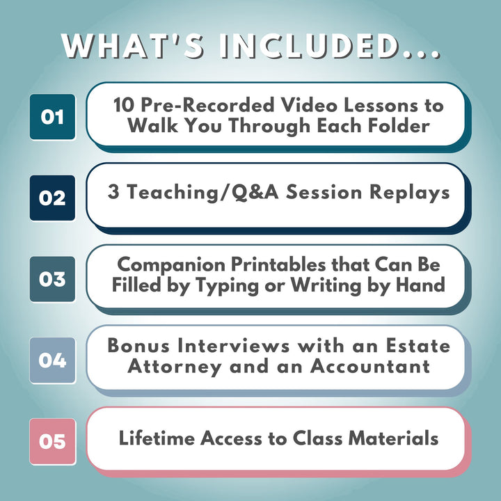 Image showcasing the contents of "The Essentials System Course" by Abby Organizes: includes 10 pre-recorded video lessons, 3 Q&A session replays, companion printables, bonus interviews with an estate attorney and an accountant about organizing essential documents, and lifetime access to materials for peace of mind. Text is set against a gradient blue background.
