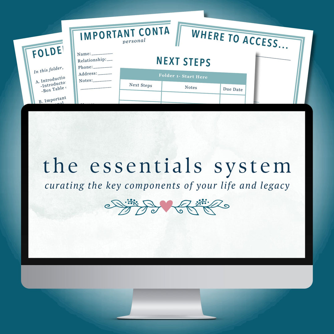 A computer screen showcases "The Essentials System Course by Abby Organizes: Curating the key components of your life and legacy" adorned with decorative elements. In the background, folders labeled "Important Contacts" and "Where to Access" signify an organizing project dedicated to efficiently managing essential documents for peace of mind.