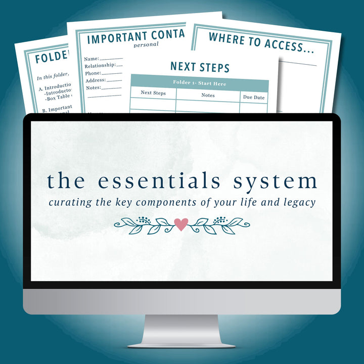 A computer screen showcases "The Essentials System Course by Abby Organizes: Curating the key components of your life and legacy" adorned with decorative elements. In the background, folders labeled "Important Contacts" and "Where to Access" signify an organizing project dedicated to efficiently managing essential documents for peace of mind.