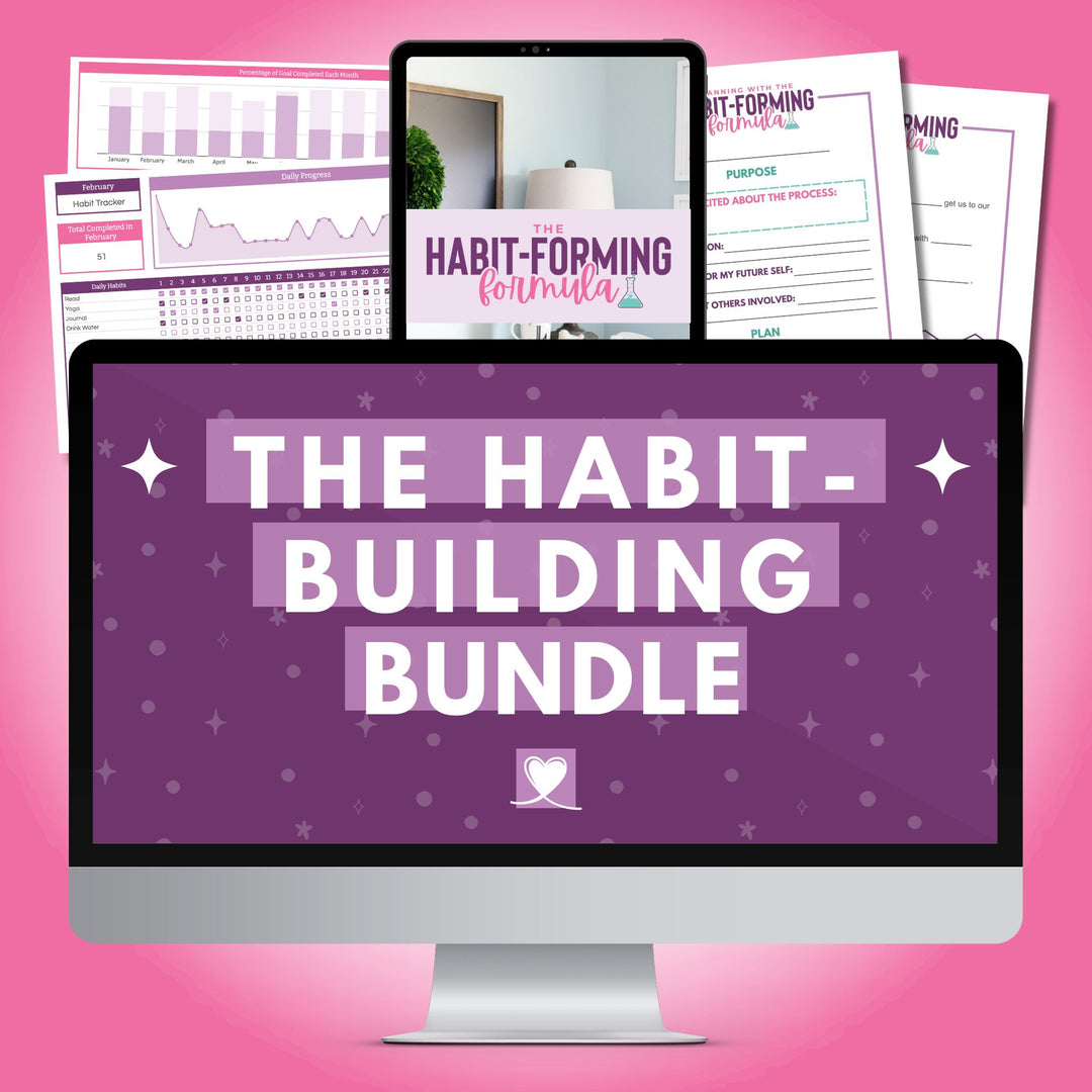 An image of a computer screen showcasing "The Habit-Building Bundle" by Abby Organizes, featuring charts and notes on the Habit-Forming Formula against a pink backdrop.