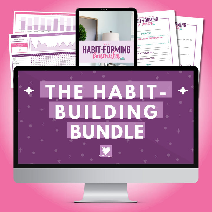 An image of a computer screen showcasing "The Habit-Building Bundle" by Abby Organizes, featuring charts and notes on the Habit-Forming Formula against a pink backdrop.