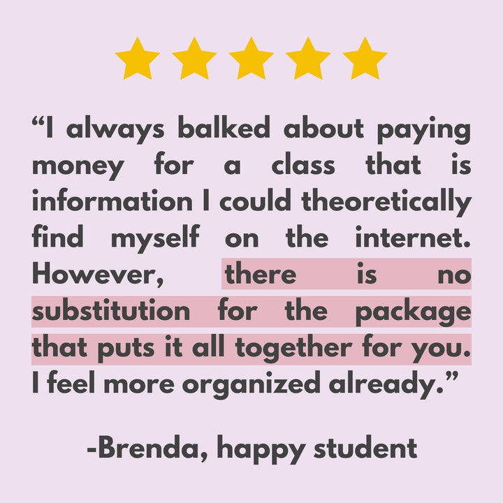 Brenda, a satisfied student, gives four gold stars in her review of the Abby Organizes' course, The Organized Home Method. She commends the class for its intelligent systems and efficient organization of information. Although she was initially hesitant about the price, she's delighted with the outcomes she achieved from taking the course.