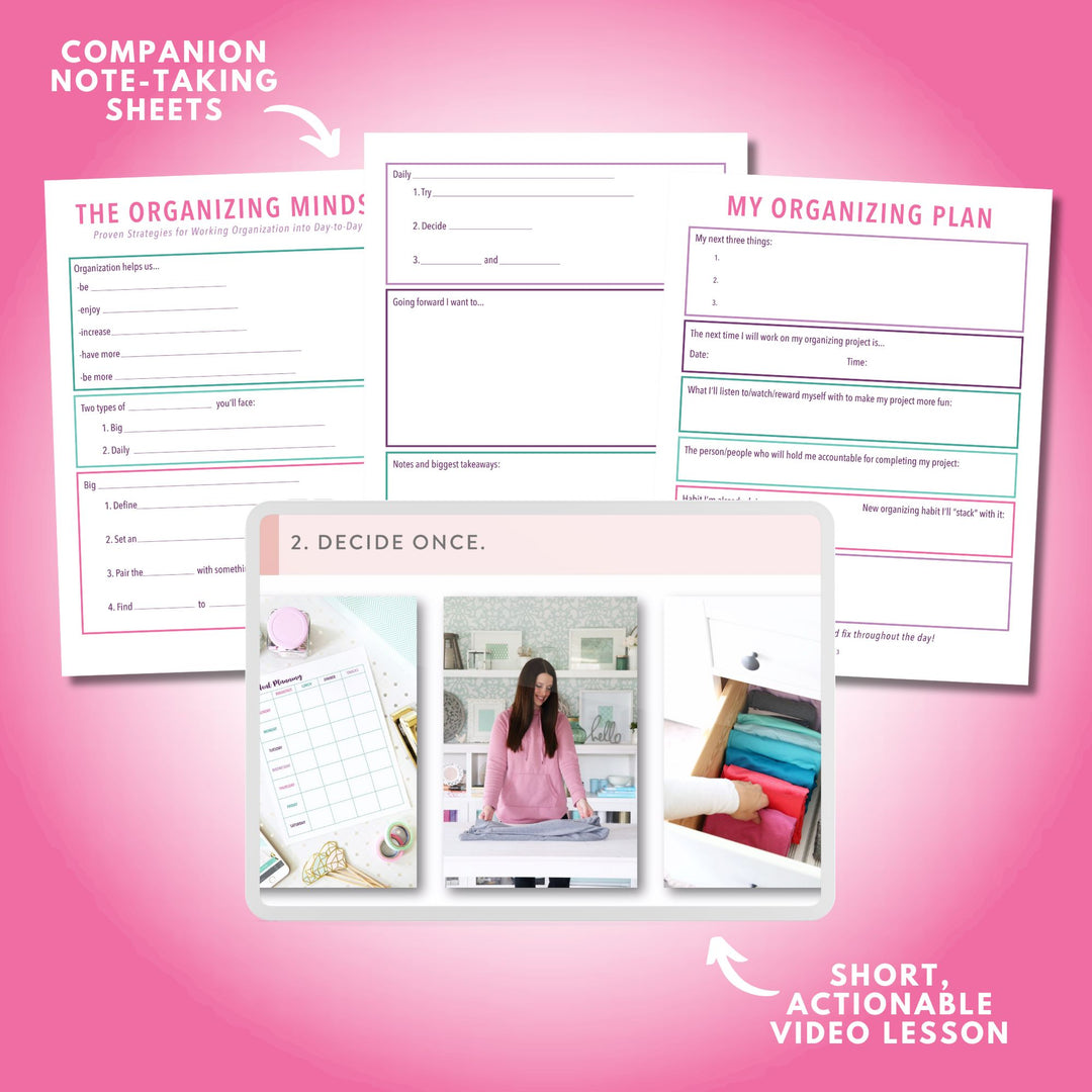 The Organizing Mindset Workshop Video on an iPad and Note Taking Sheets and Planning Printables
