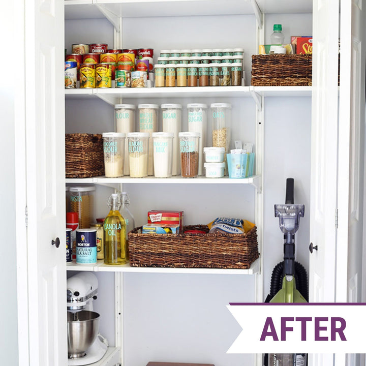 A neatly organized pantry exemplifies the Organized Home Method Course by Abby Organizes, featuring labeled jars of dry goods, canned foods, and spice bottles on the shelves. Wicker baskets hold various items while a vacuum and kitchen mixer are stored below. The label "AFTER" is displayed in the bottom right corner.