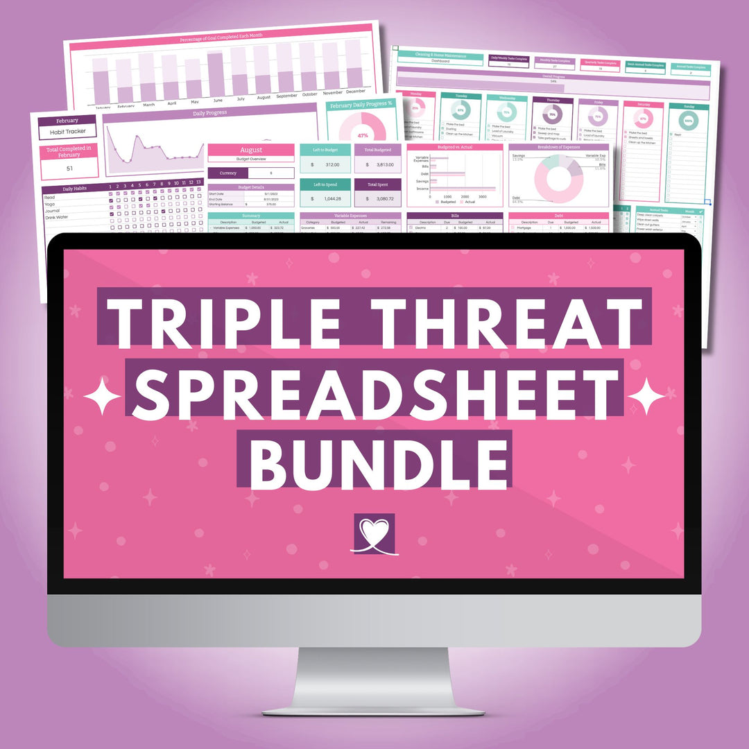 Triple Threat Spreadsheet Bundle, includes the Monthly Budget Spreadsheet, Cleaning and Home Maintenance Spreadsheet, and Habit Tracker Spreadsheet for Google Sheets