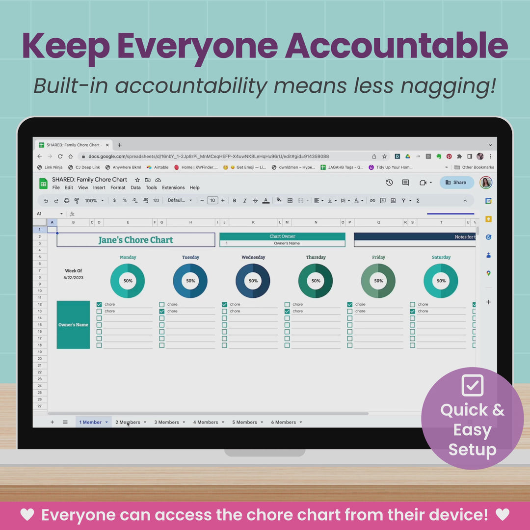 A laptop computer displays a short video of the Family Chore Chart Spreadsheet with beautiful charts and graphs to measure everybody's progress.