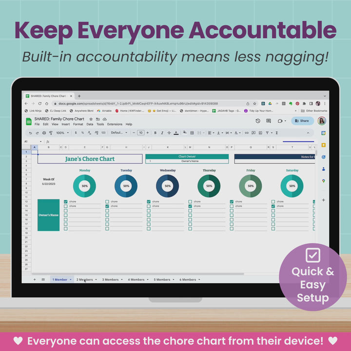 A laptop computer displays a short video of the Family Chore Chart Spreadsheet with beautiful charts and graphs to measure everybody's progress.