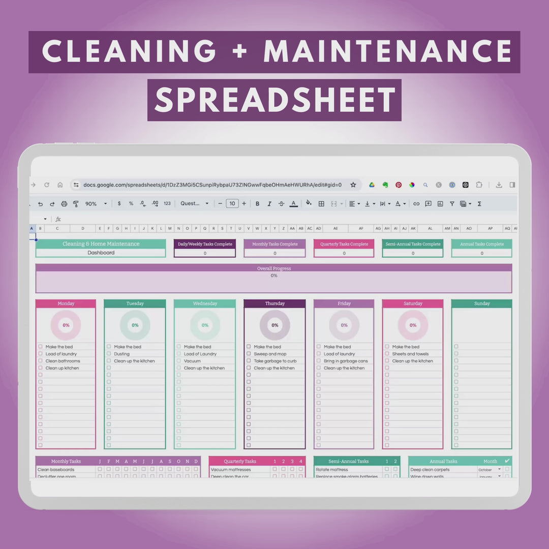 Use the Cleaning and Home Maintenance Spreadsheet to stay on top of all of your cleaning and home tasks for each day/week, month, quarter, semi-annual, and annual time period.