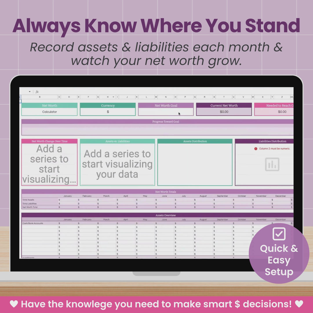 A laptop computer displays a quick video showing features of a Net Worth Calculator Spreadsheet from Abby Organizes