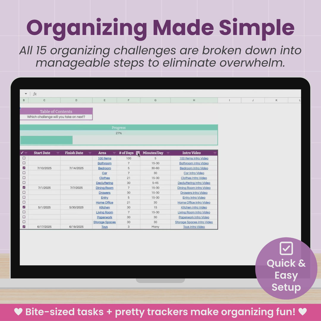 A laptop shows a video of the Organizing Challenge Spreadsheet, featuring 15 organizing challenges with beautiful charts and graphs to track tidying progress.