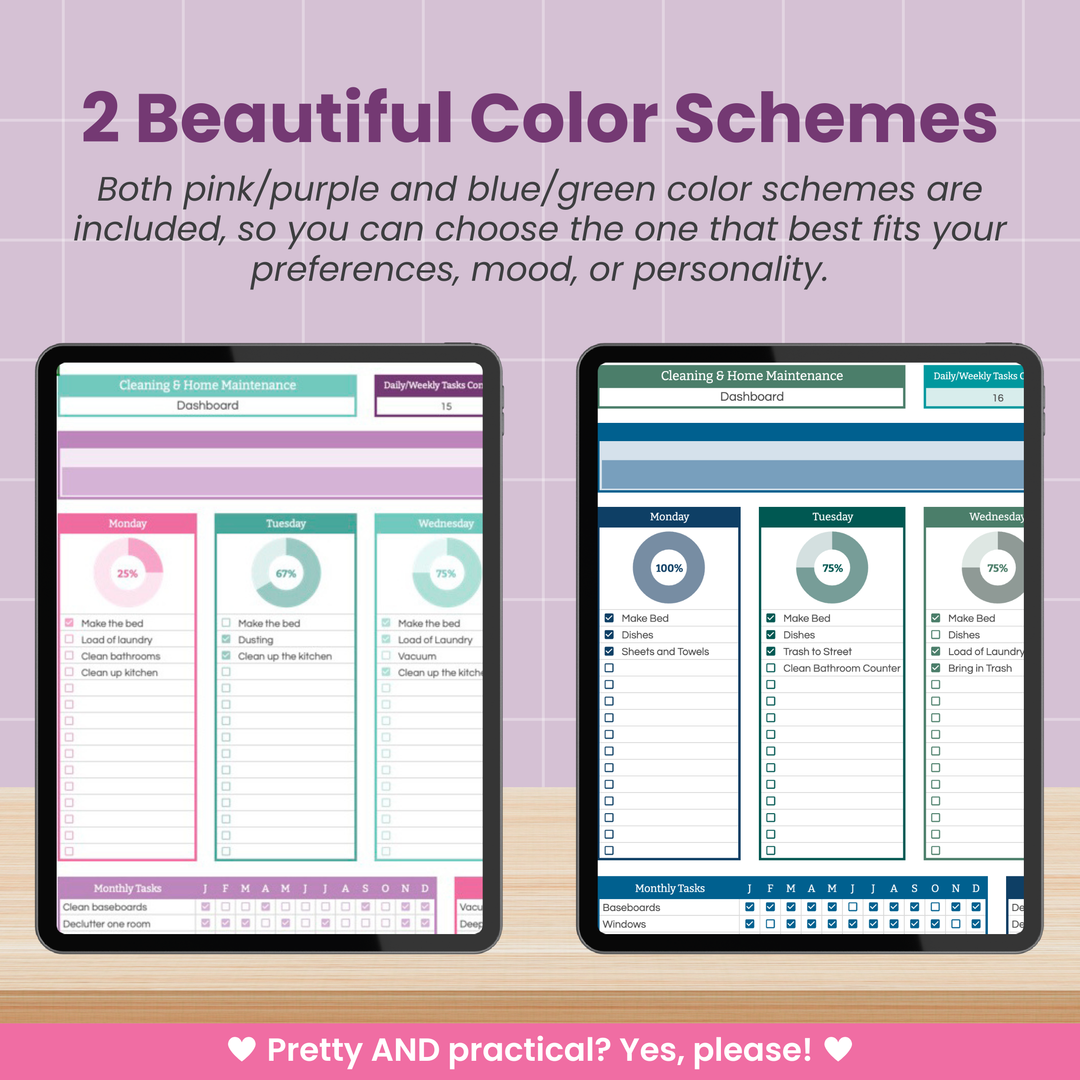Two tablets display the Abby Organizes Cleaning and Home Maintenance Spreadsheet for Google Sheets—one in pink/purple, one in blue/green—highlighting stylish color options for organizing your cleaning checklist on a pastel background.