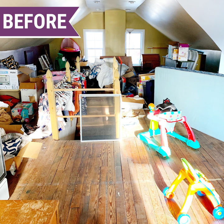 Messy Attic Before Photo with Furniture, Clothes, and Baby Toys Everywhere