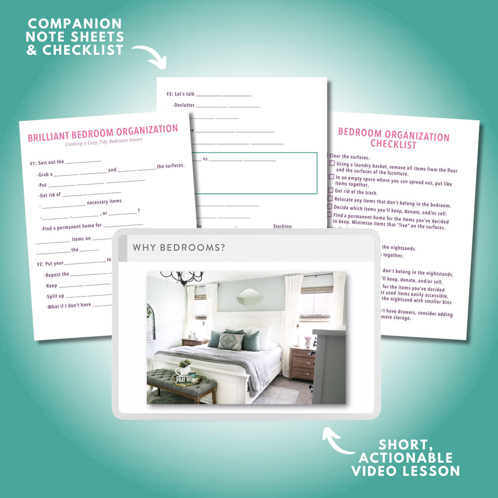 Note taking sheets and printable checklist for the bedroom organization workshop
