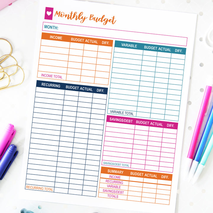Monthly Budget Sheet, Part of the Printable Budget Binder